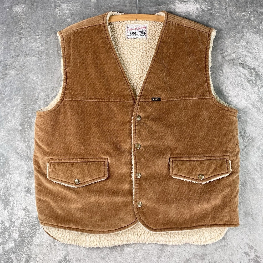 Vintage Lee Storm Rider Vest Mens Size L Brown Sherpa Lined Corduroy Made In USA